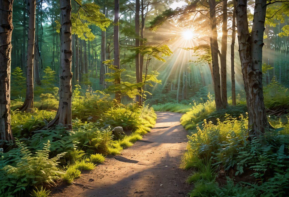 A serene landscape symbolizing recovery, with a winding path leading through a vibrant forest, representing hope and healing. Alongside the path, diverse individuals—cancer survivors—engaging in uplifting activities, holding hands, sharing stories, and engaging with educational materials. The sun breaks through the trees, casting warm light, symbolizing guidance and positivity. Soft pastel colors for a calming effect. super-realistic. vibrant colors. warm lighting.
