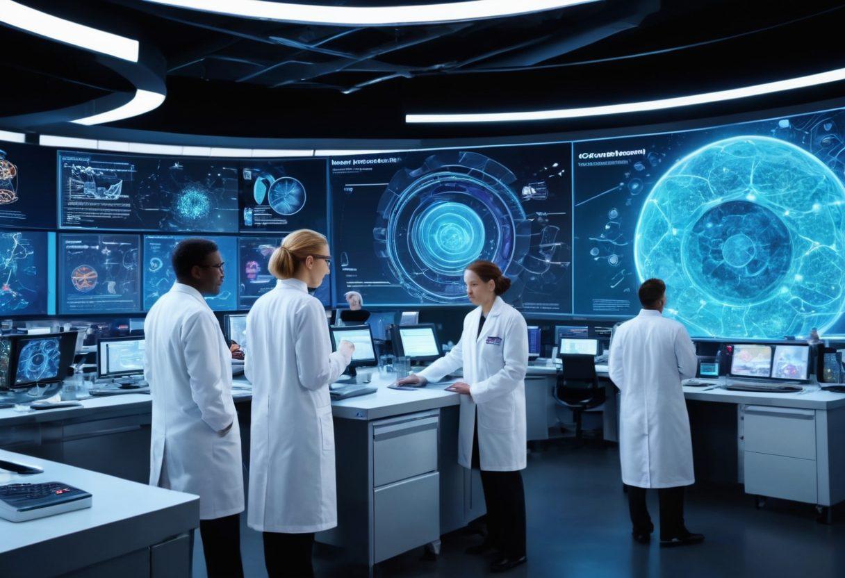 A dynamic scene depicting a diverse group of scientists collaborating in a high-tech lab, surrounded by futuristic equipment and technical screens displaying cancer cell research and prevention strategies. Visual elements include DNA spirals, vibrant molecular structures, and illustrations of innovative treatments. Brightly colored lab coats and an atmosphere of teamwork emphasize positivity and progress in cancer research. super-realistic. vibrant colors. high-tech environment.