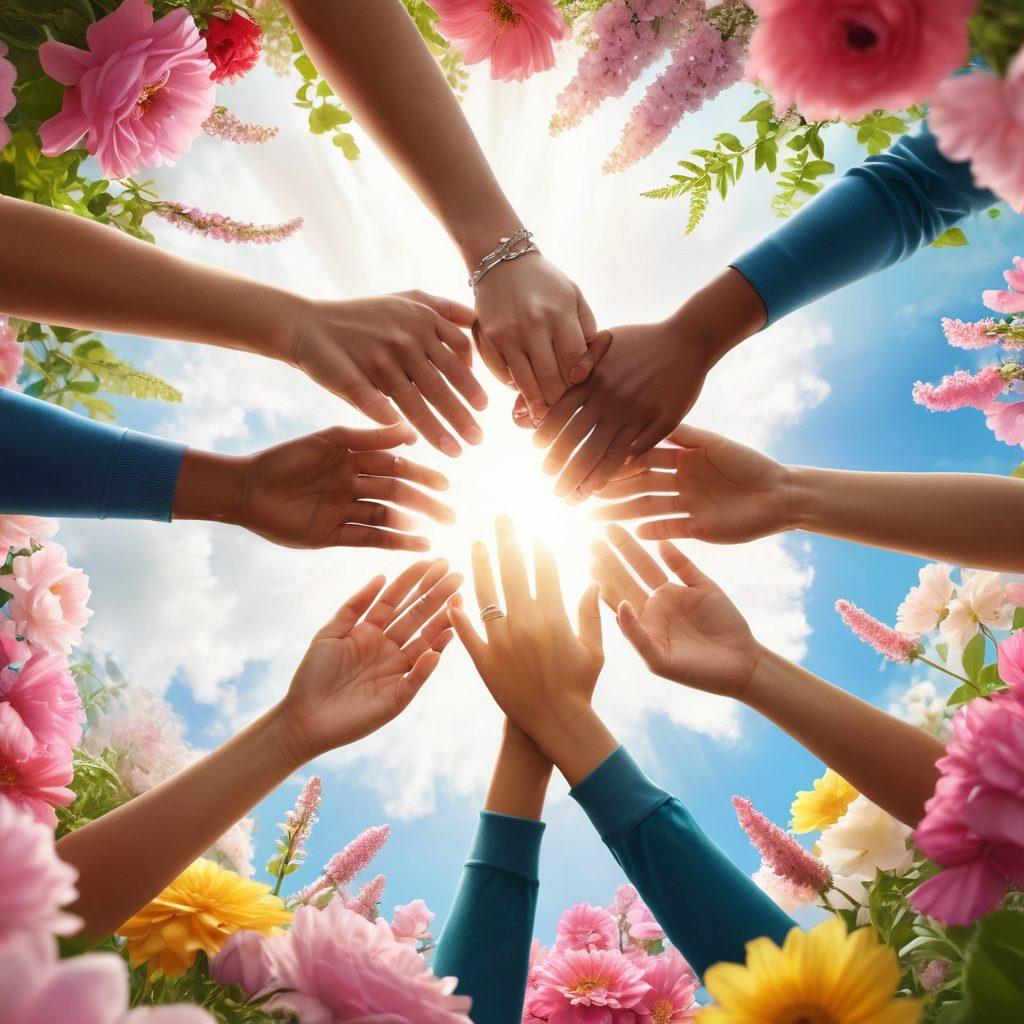 A serene and uplifting scene depicting a diverse group of cancer survivors holding hands in a circle, surrounded by blooming flowers symbolizing hope and renewal. In the background, soft rays of sunlight break through clouds, casting a warm glow on the scene, emphasizing resilience and community. Include visual elements like ribbons representing various types of cancer, and scientific icons like DNA strands and microscopes hovering gently above. super-realistic. vibrant colors. soft focus.
